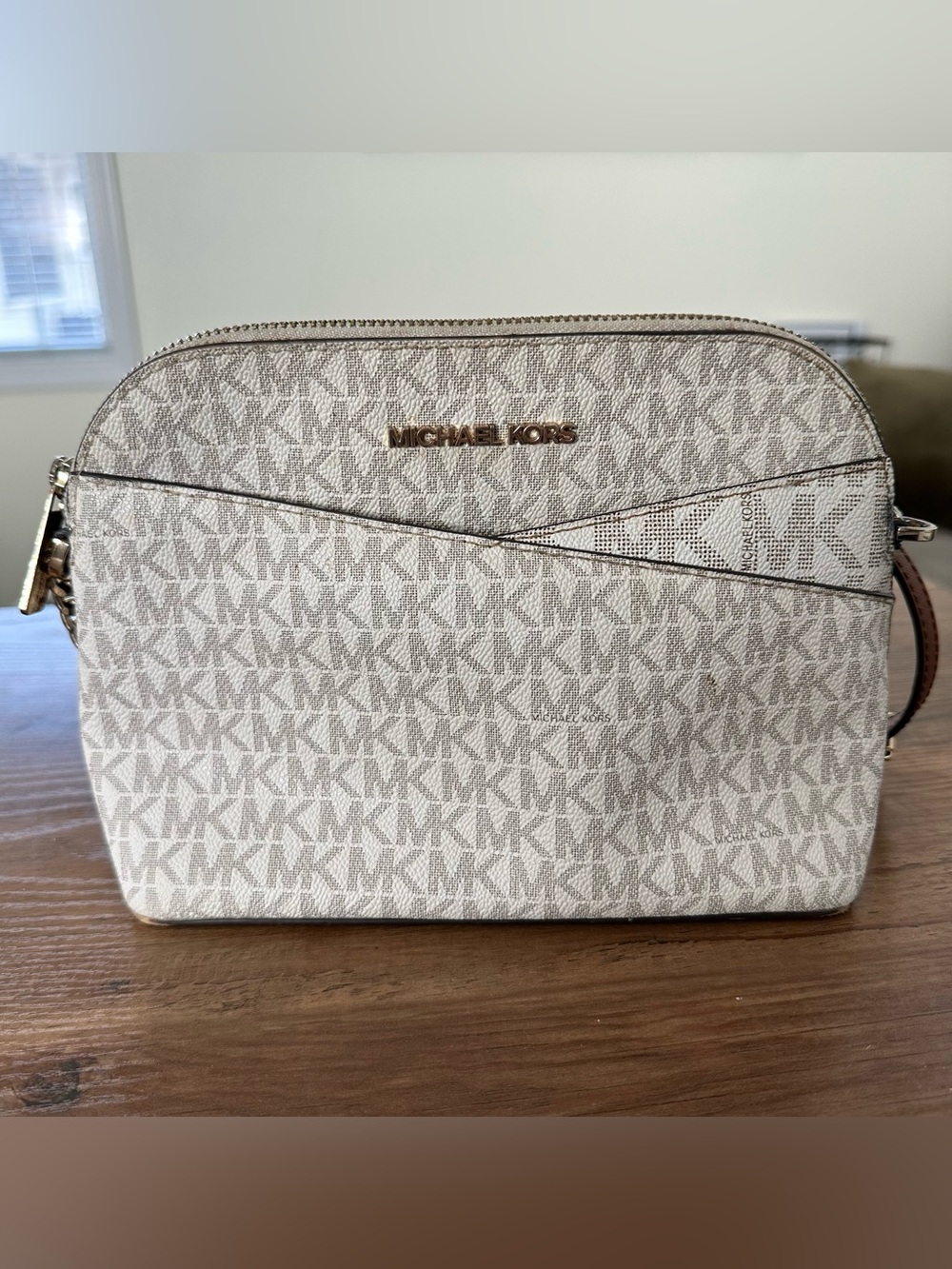 Michael Kors Signature MK Logo Crossbody in Vanilla/Light Taupe